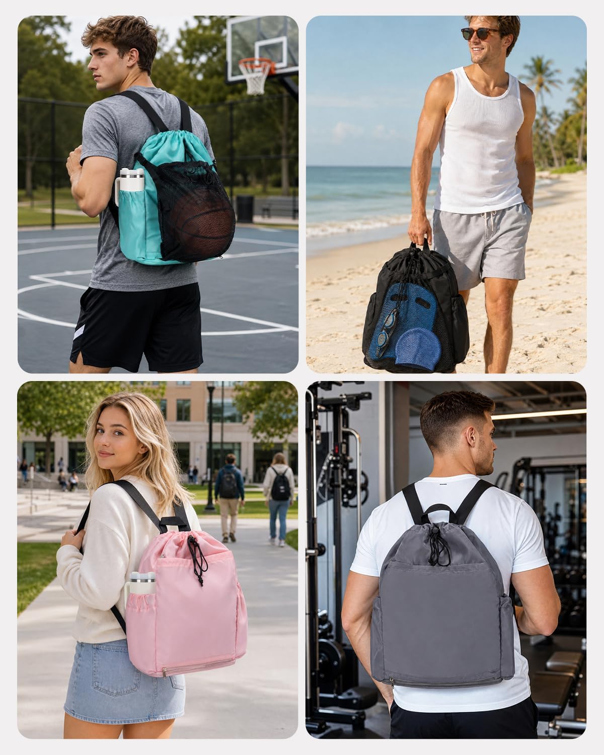 Drawstring Backpack with Shoe & Wet Compartments, Cup & Ball Holders, Black