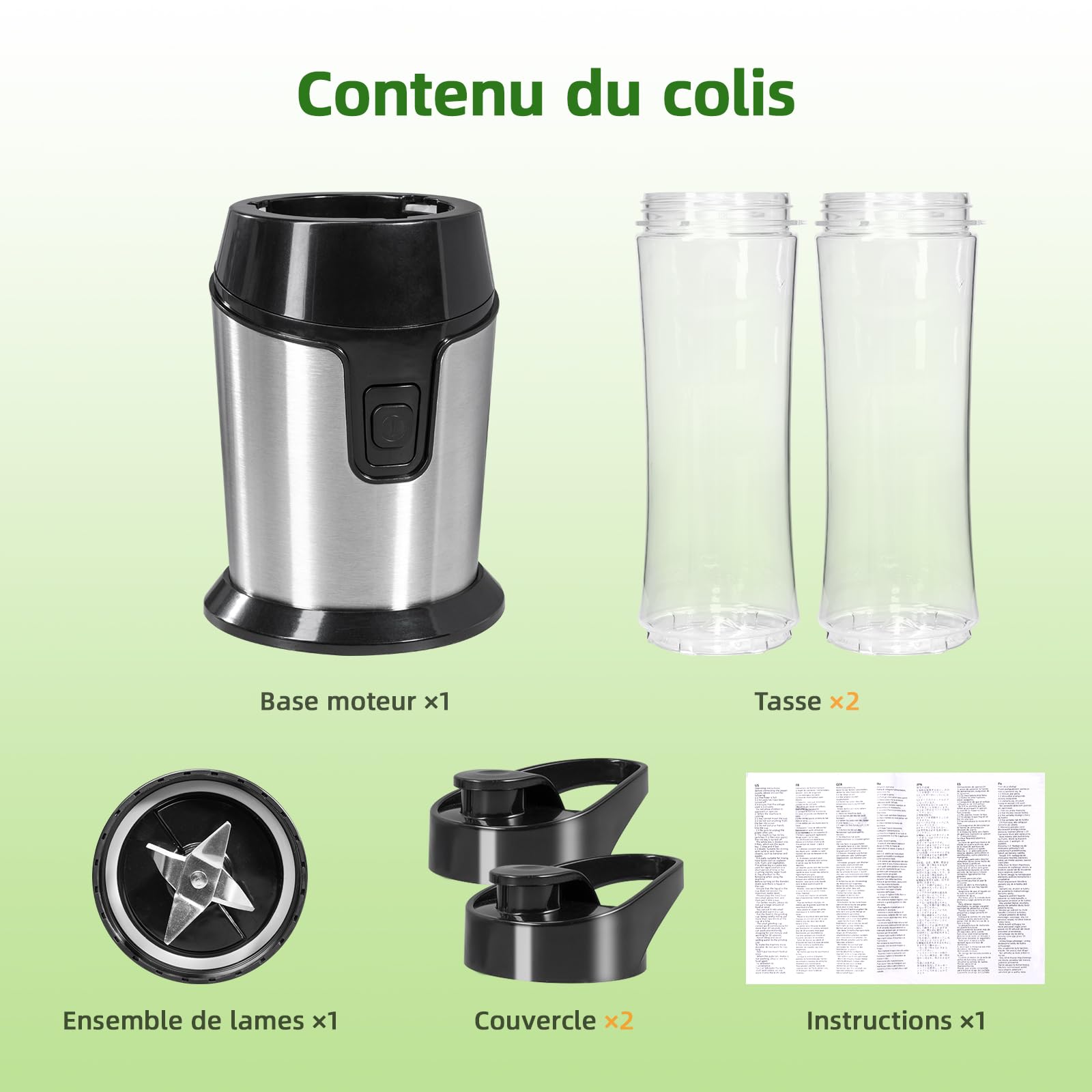 Blender Smoothie Portable Carehabi, Mini Mixeur avec 2 Bouteilles 600ml (Sans BPA), Moteur 300W Inox & 4 Lames pour Shakes, Smoothies, Glace - Argent