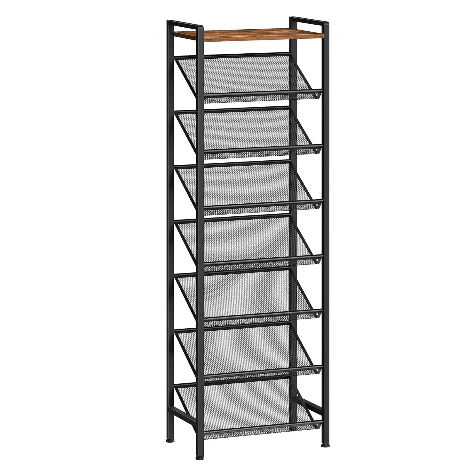 HOOBRO Narrow Shoe Rack, Tall Shoe Organiser with Slanted Wire Mesh Shelves, Space-Saving Freestanding Shoe Stand for Hallway, Bedroom, Living Room, Rustic Brown and Black EBF128XJ01