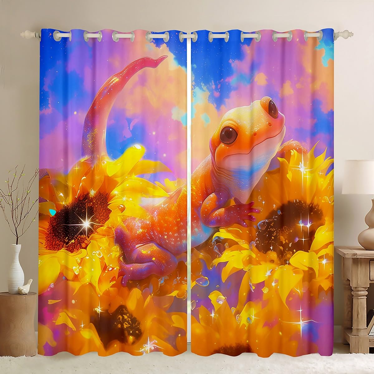 Homemissing Cartoon Lizard Curtains Sunflowers Window Drapes Treatments for Kids Boys Girls Pink Blue Ombre Sky Window Drapes Cute Animal Window Treatments, W46*L54,2 Panels