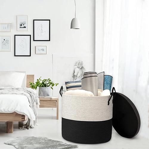 Miniatura 3 de Cestas de almacenamiento extra grandes de 21 x 18 pulgadas, cestas de cuerda con tapa, cesta de manta para sala de estar con tapa, cestas para