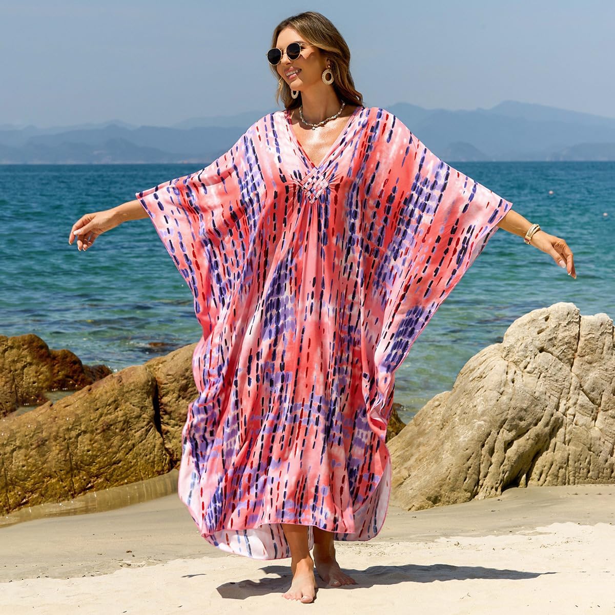 Kaftan Dresses for Women Plus Size V-Neck Moo Moos Batwing Kaftan Beach Dress Bathing Suit Cover-Up Loungewear - Image 4