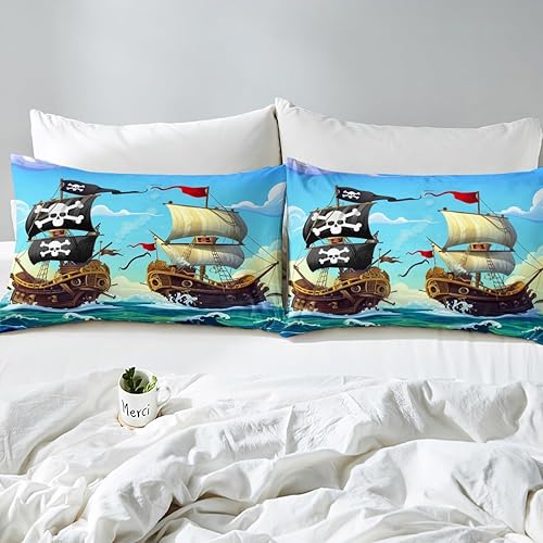 Miniatura 4 de Juego de ropa de cama de velero, funda de edredón náutica de olas del océano para niños y niñas, funda de edredón de dibujos animados de barco