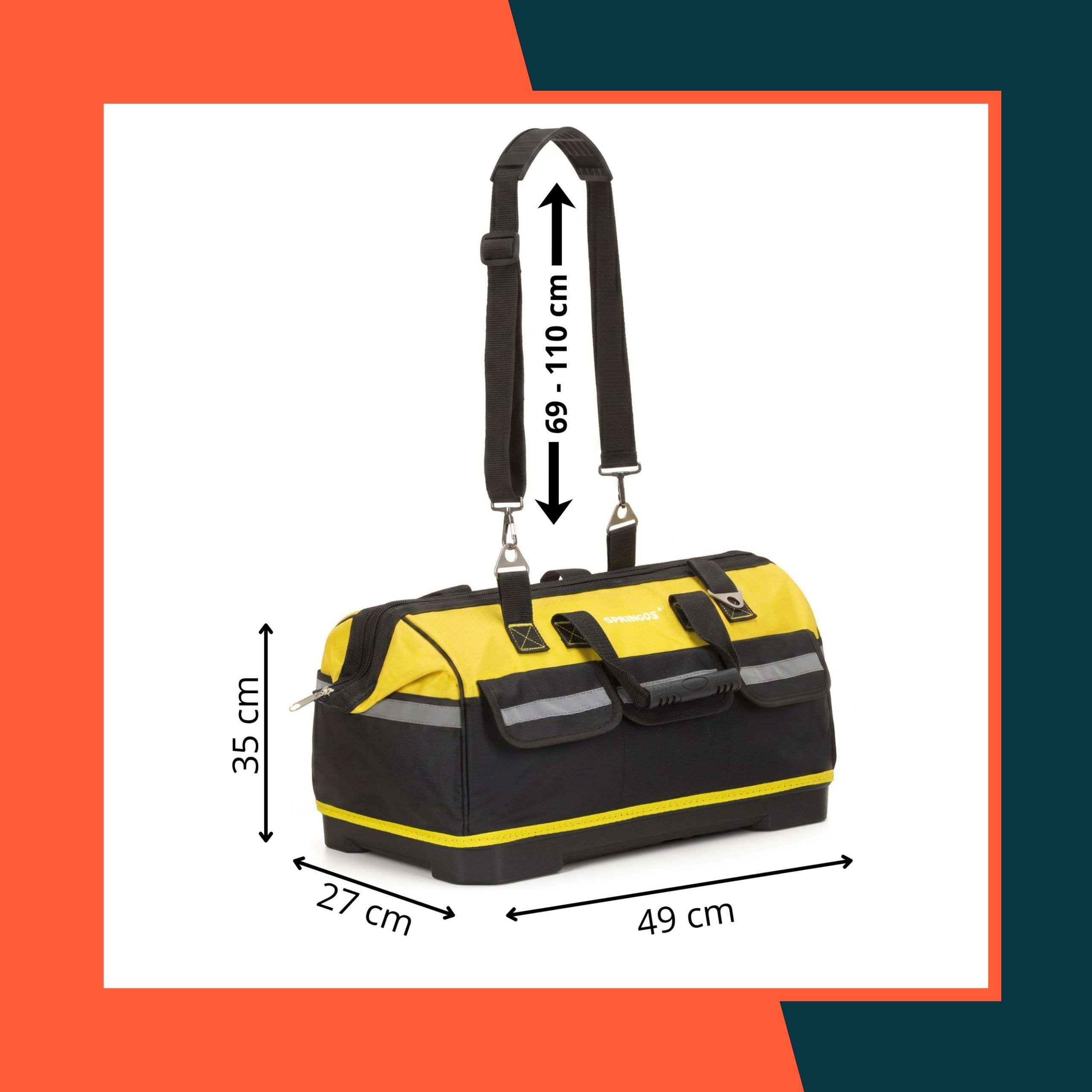 Bolsa de herramientas de 45 L 49 x 27 x 35 cm, gran bolsa de trabajo con muchos bolsillos interiores y exteriores, correa para el hombro, cremallera bidireccional y base de polietileno resistente para