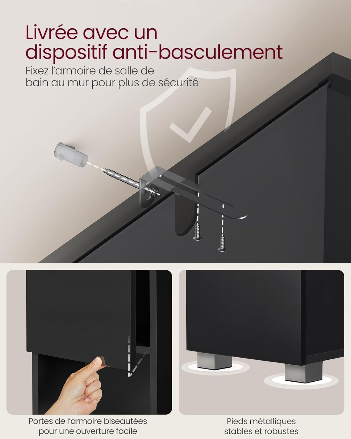 Close-up image showing the anti-tipping device being installed on the top rear of the cabinet, along with details of the beveled cabinet doors and stable metal feet.