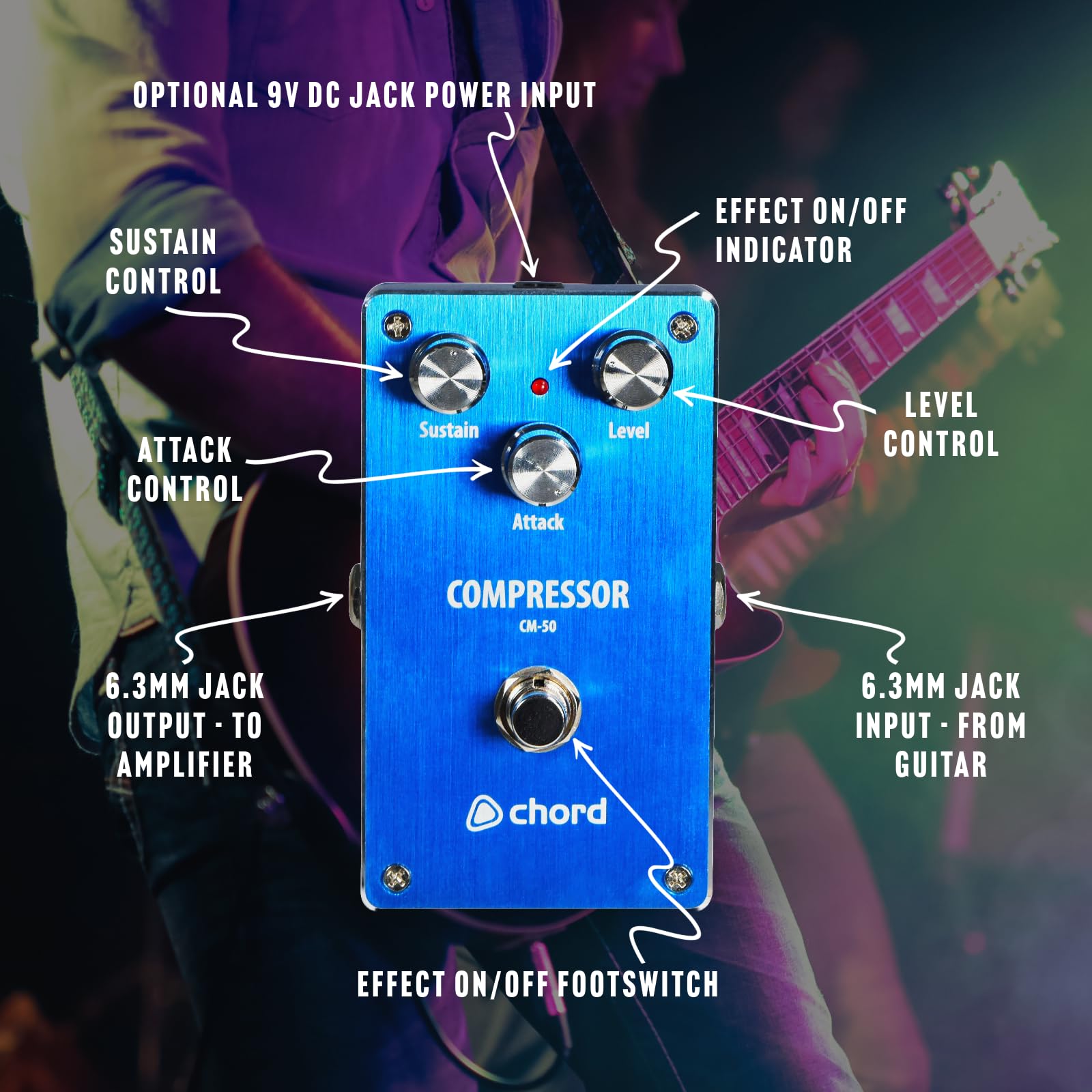Chord | Pédale d'effets pour guitare | Pédale de compresseur CM-50 : améliorez le son de votre guitare avec des commandes de soutenir, de niveau et d'attaque réglables pour des notes et des accords