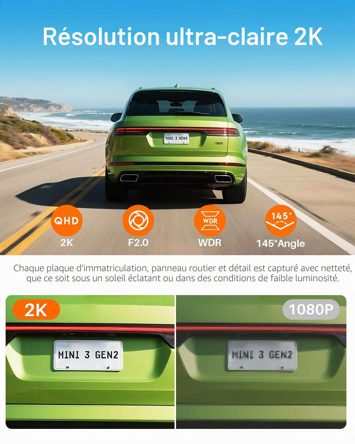 KAWA Mini Dashcam 2K,Commande Vocale,Caméra de Voiture WiFi | 1296P QHD,G-Capteur,Carte TF 32Go incluse,Contrôle App,WDR/3D DNR,Vision Nocturne,Mode Parking 24H
