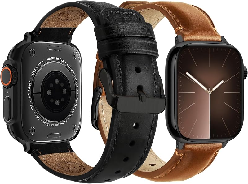 Bandas Fullmosa para Apple Watch Series 11 10 9 8 7 6 5 4 3 2 1 Ultra SE | Correas compatibles con Apple Watch 49/46/45/44/42/41/40/38 mm, pulsera de cuero genuino de grano superior para hombres y mujeres, negro, negro, marrón y negro