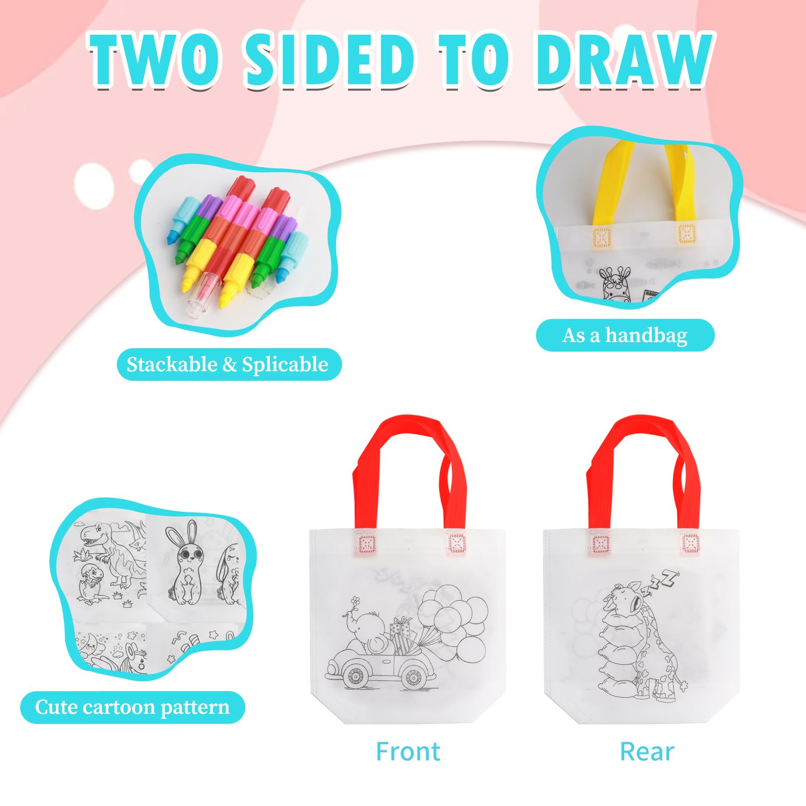 FINEASY 12 Astucci In Tessuto Fai Da Te, Sacchetti Di Stoffa Con Chiusura Lampo, Tasche Per Dipingere Per Bambini Con 12 Penne Colorate E 4 Stampi Per Pittura Per Fai Da Te