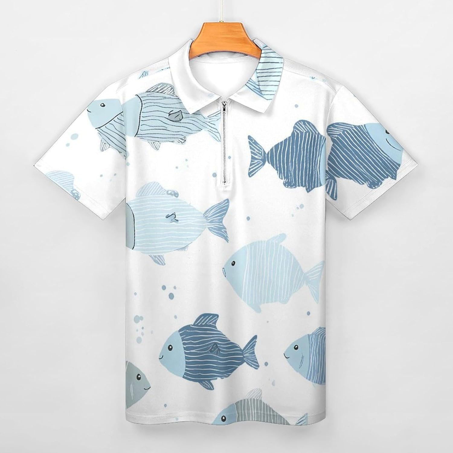 Blue River Fish Polo Shirts for Men Short Sleeve Athletic Golf Tees Tops | Casual Summer Zippered V Neck Mens T-shirts Sports Quick Dry Tennis