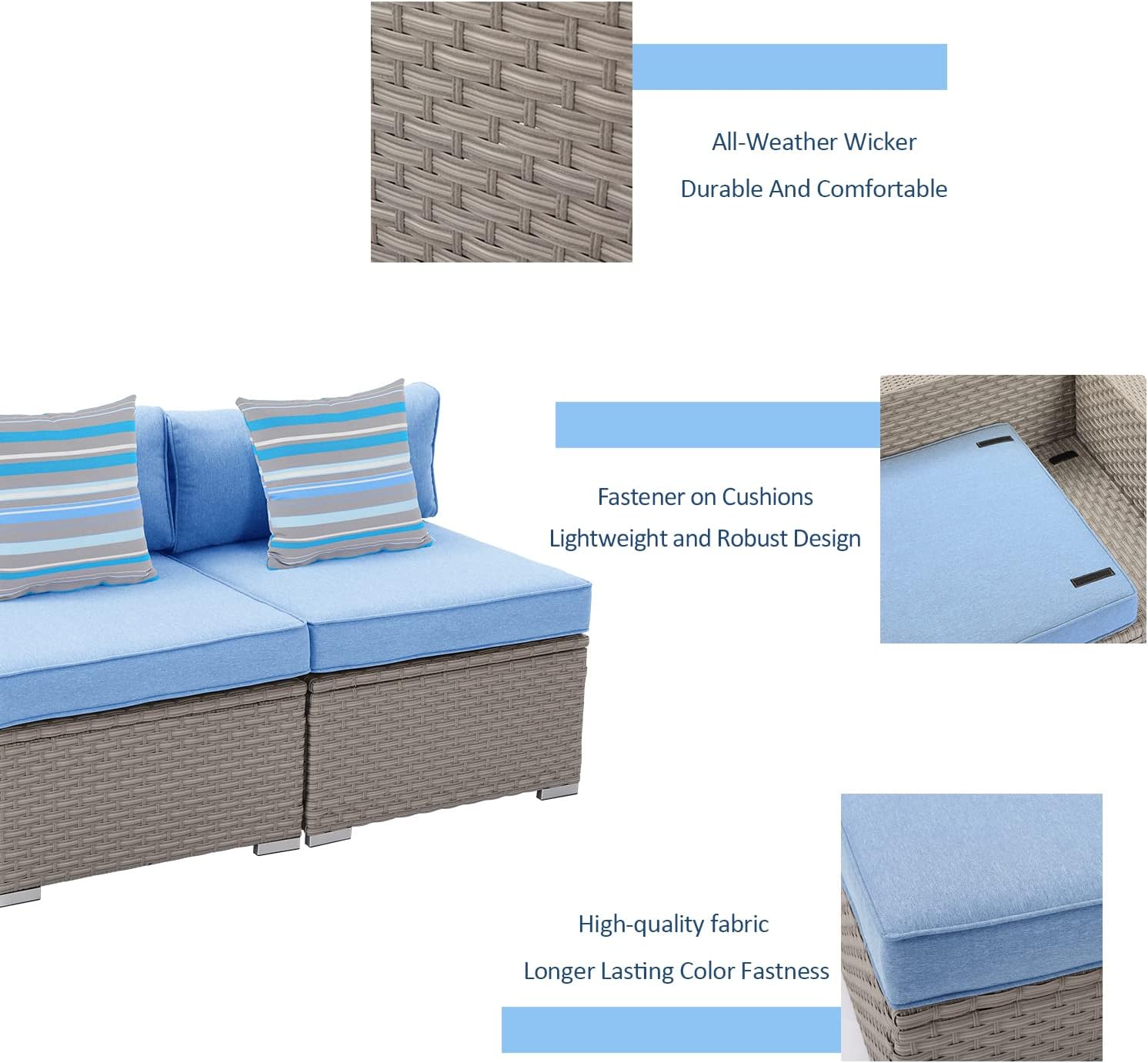 SUNBURY Outdoor Sectional 2-Piece Wicker Sofa in Pearl Gray, w 2 Stripe Pillows, Denim Blue Cushions Elegant Patio Furniture Add-on Armless Chair for Backyard Garden Porch