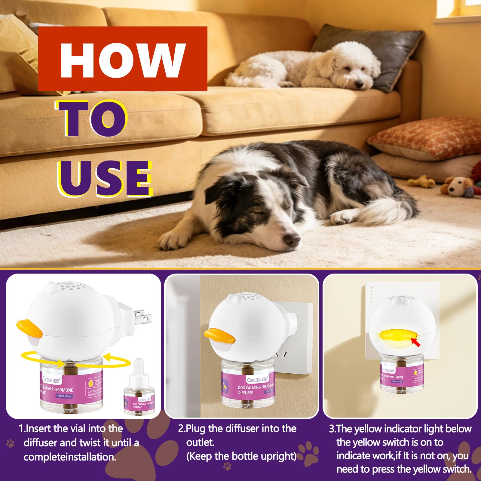 Cielbleu Diffuseur de Phéromones Calmant pour Chien pour Soulager Le Stress, l'anxiété, Les Aboiements et Les Comportements Destructeurs (1 Diffuseur+2 Recharges 48 ML)