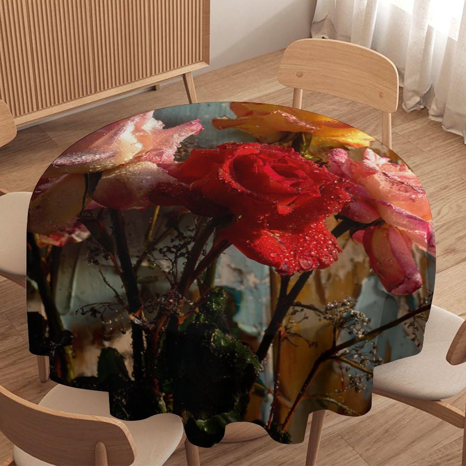 LUYYSKY Rustic Cute Red Roses Round Tablecloth Vintage Colorful Wooden Board Botanical Roses Flowers Washable Decor for Table Cover for Kitchen-91.4" Wx91.4 L cm