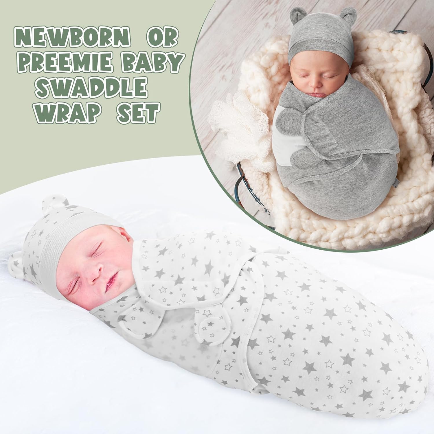 VitalCozy 6 Pack Preemie Swaddle Blanket Wrap with Hat Set Cotton Baby Swaddle Wrap Hat Set for Preemie Newborn Boys Girls (Neutral Series,for 3-7 Lbs) - Image 4