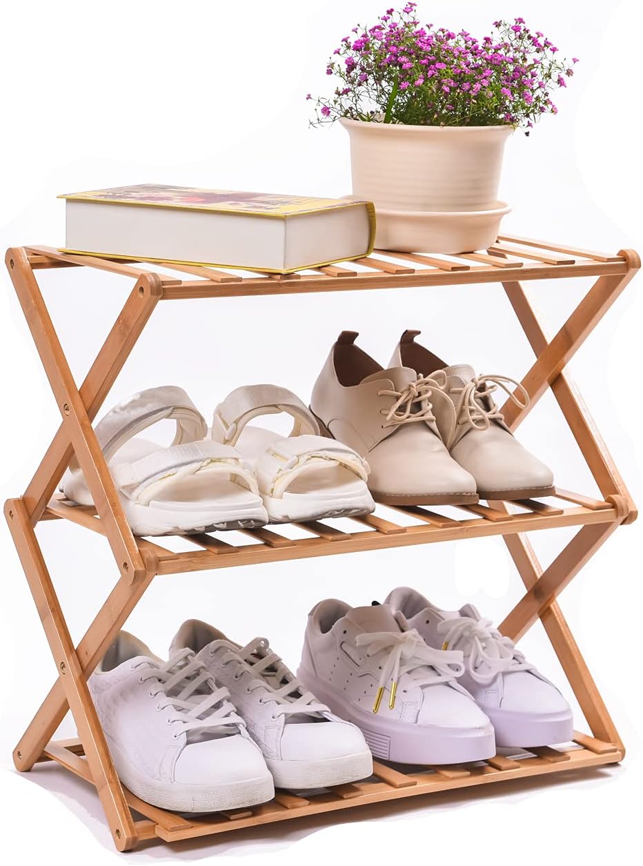 3-Tier Bamboo Shoe Rack for Entryway, Stackable | Foldable, Shoe Storage Organizer for Bedroom Hallway Closet Living Room, Free Standing Shoe Racks for Indoor Outdoor (Natural Bamboo)