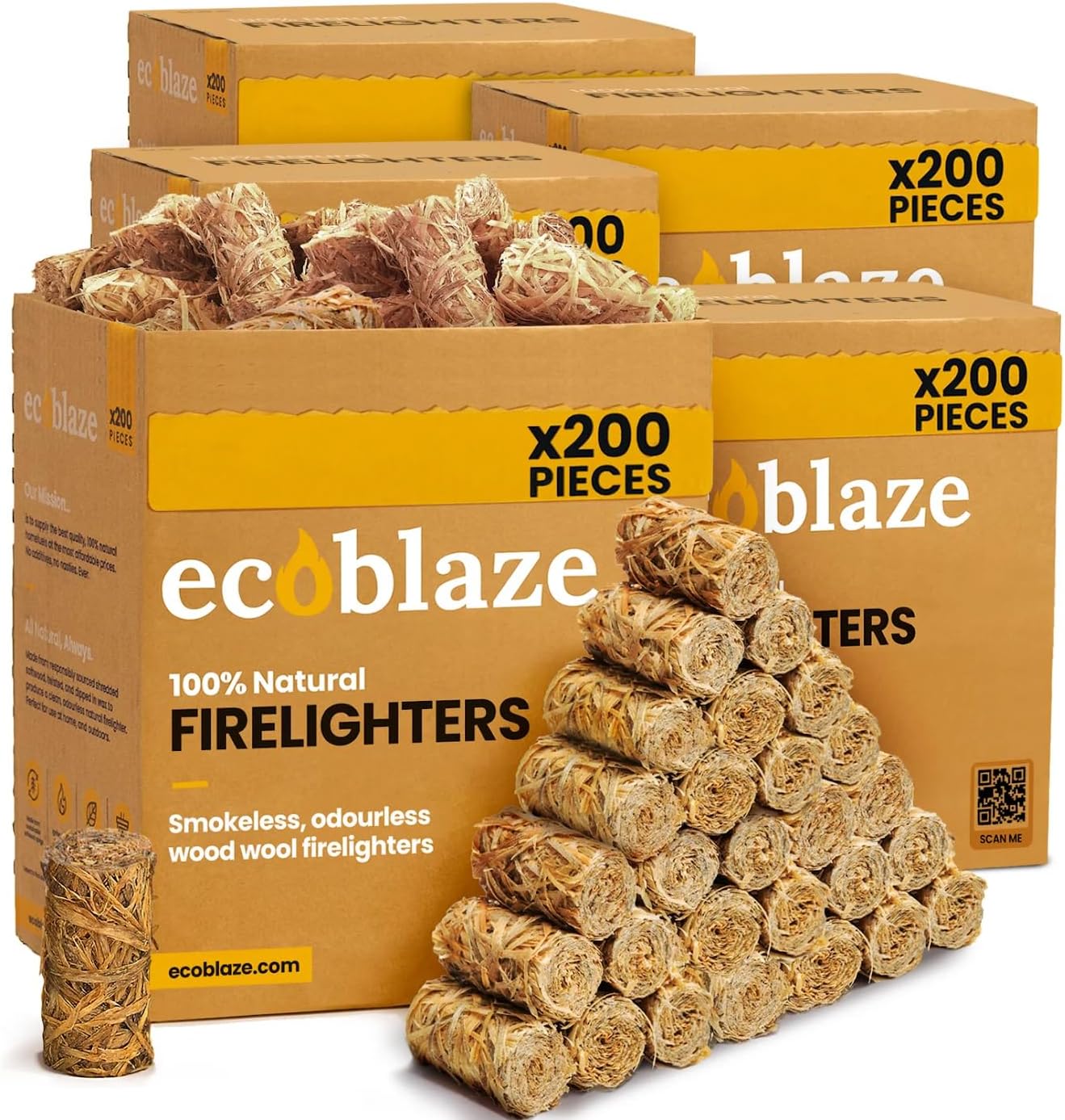 1000 Ecoblaze Natural Firelighters | 5 x 200 Box | Long Burning, Fast Lighting, Odourless Wool Starters | Kindling Wood, BBQ Lighter Kit, Firestarter for Pizza Ovens, Log & Wood Burners, Fire Pit