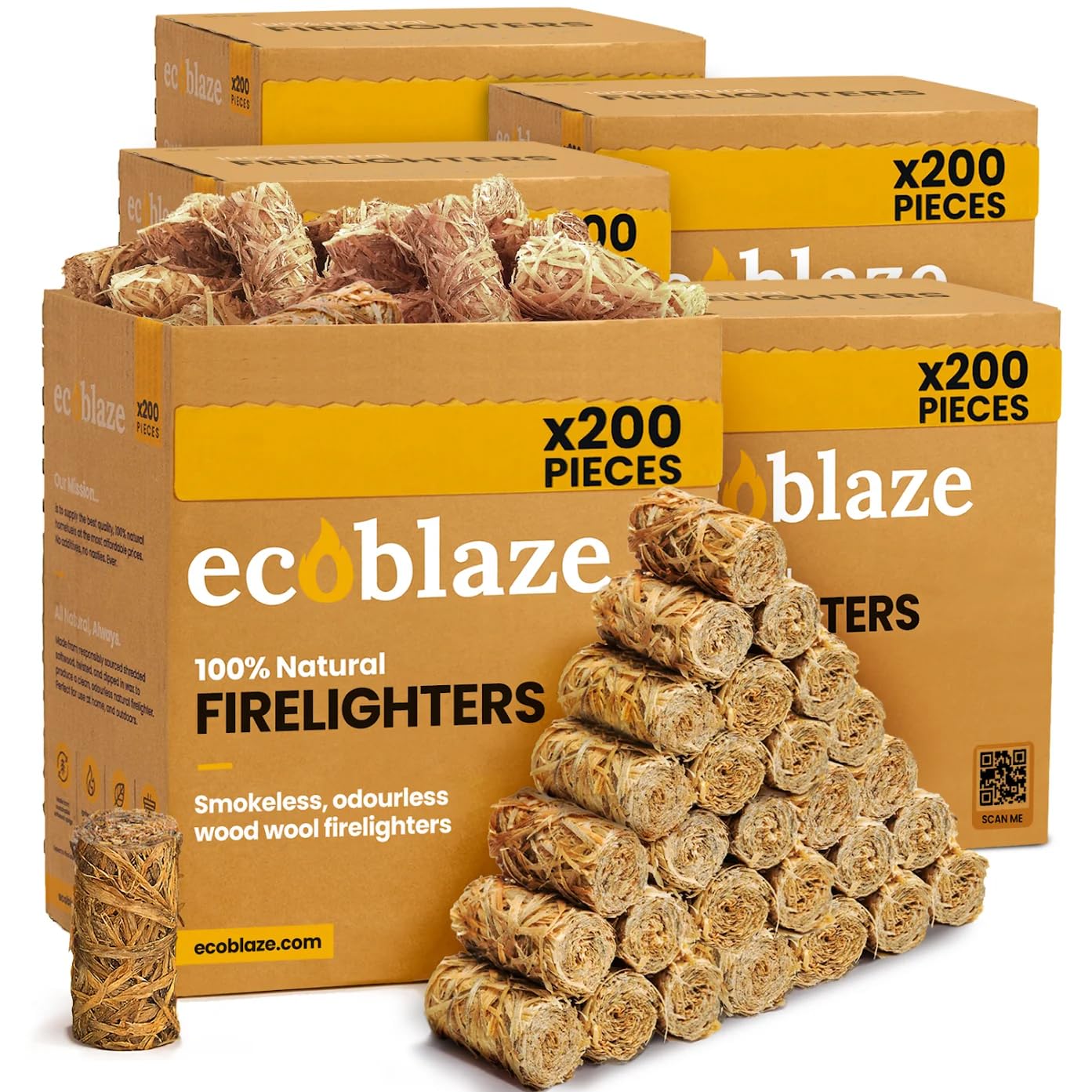 Ecoblaze Natural 5 x 200 Firelighters - Wood Wool Fire Starters for BBQ, Pizza Oven, Fire Pits - Perfect for Garden Life & Camping, Safe, Clean Wax Coated Instant Firestarter