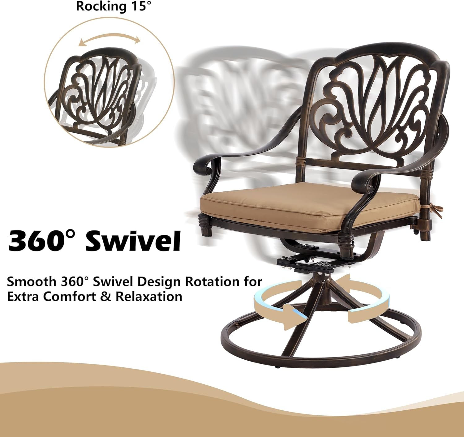 Patio Swivel Chairs Set of 2, Outdoor Swivel Rocker Dining Chairs with Thicken Cushions & Cast Aluminum Frame, for Backyard Deck Lawn Garden(Flower Swivel Chairs Khaki Cushions) (Khaki)
