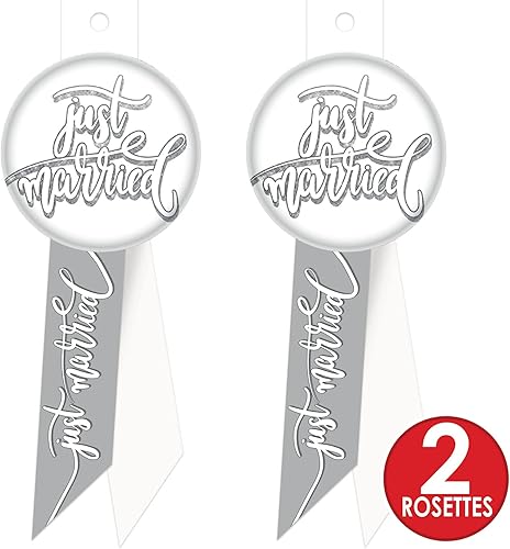 Miniatura 4 de Beistle 2 piezas de rosetas de botón Just Married para novia y novio, recepción de boda, luna de miel, 5.5 x 2 pulgadas, blancoplateado