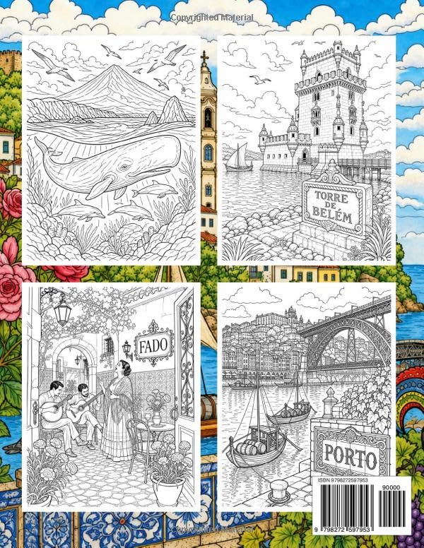 Portugal Coloring Book for Adults and Kids: Travel Souvenir Gift with Lisbon, Azores & Madeira Portuguese Scenes of Europe EU Coloring Pages image 3