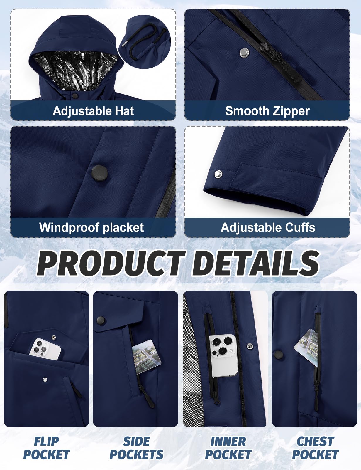 TOMEEK Manteau Homme Veste Ski Imperméable Coupe Vent Hiver Chaud Blousons Homme de Combinaisons de Ski Mesure la Température Possible Avec Capuche et Boussole