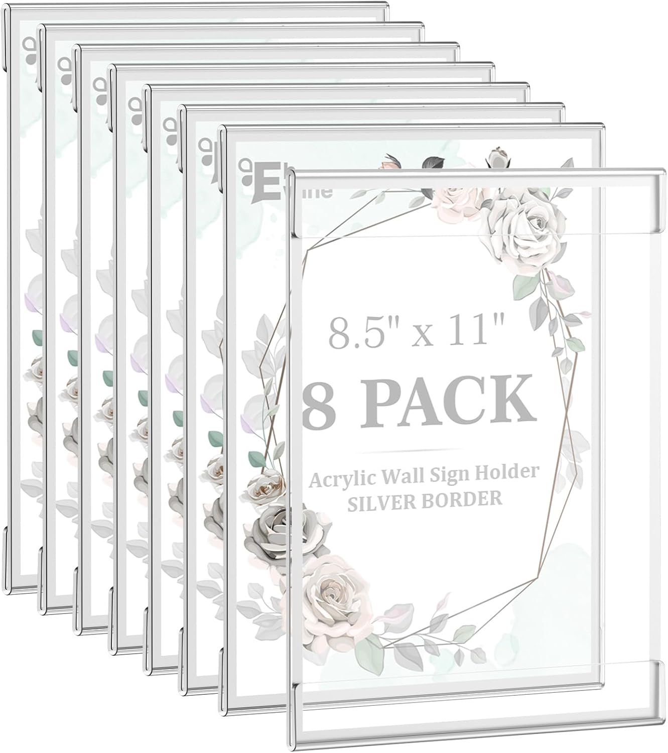 EHWINE 8 Pack 8.5 x 11 Acrylic Sign Holder Wall Mount, Silver Acrylic Picture Frame for Photo Menu Flyer Display Holders, Wedding Party Home Hotel Store(with Adhesive Tape)