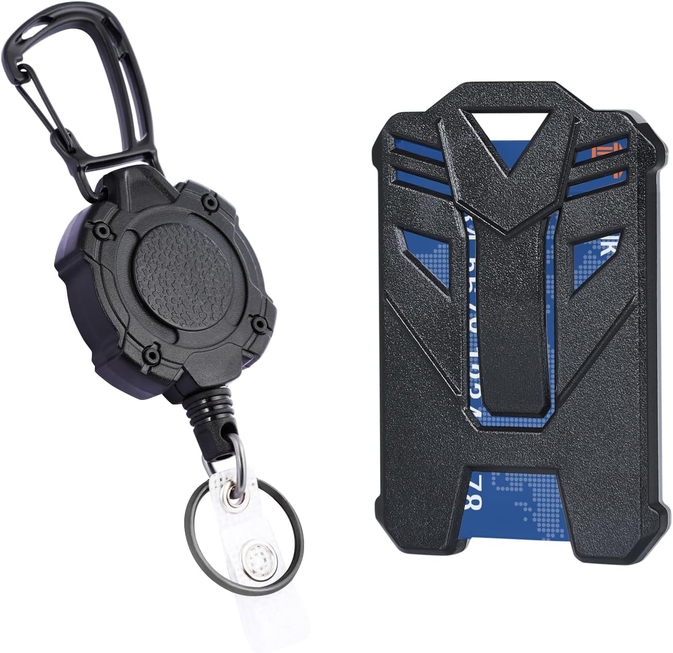 ID Badge Holder with Heavy Duty Retractable Clip and Clear Card Window, Tactical Carabiner Retractable Keychain, ID Card Holder with 31.5IN Cord, Bearing 9oz-Black