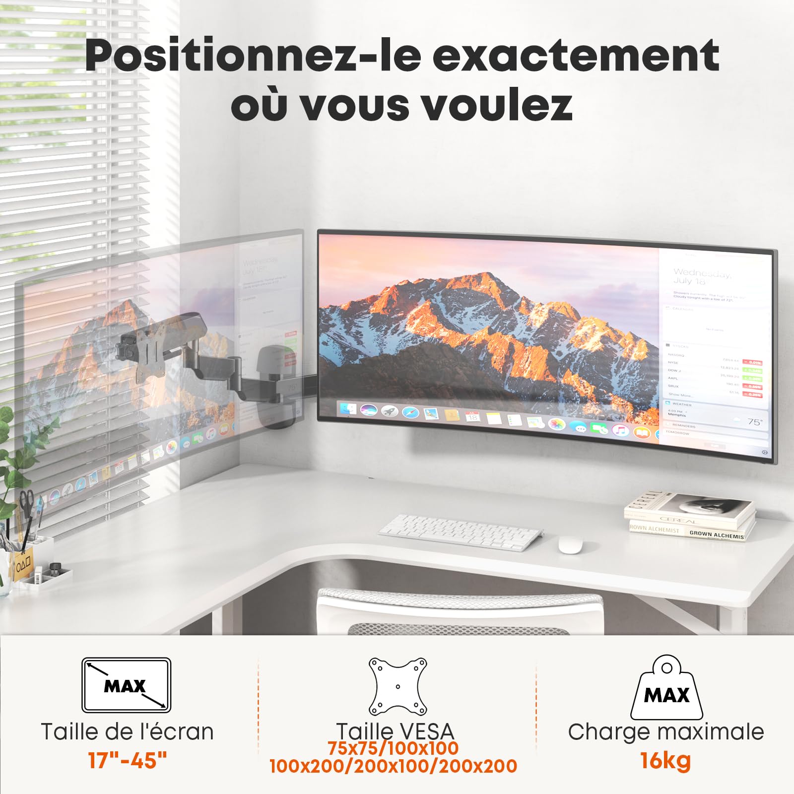 Support Écran Mural Extra Long pour Moniteur 17-45 Pouces