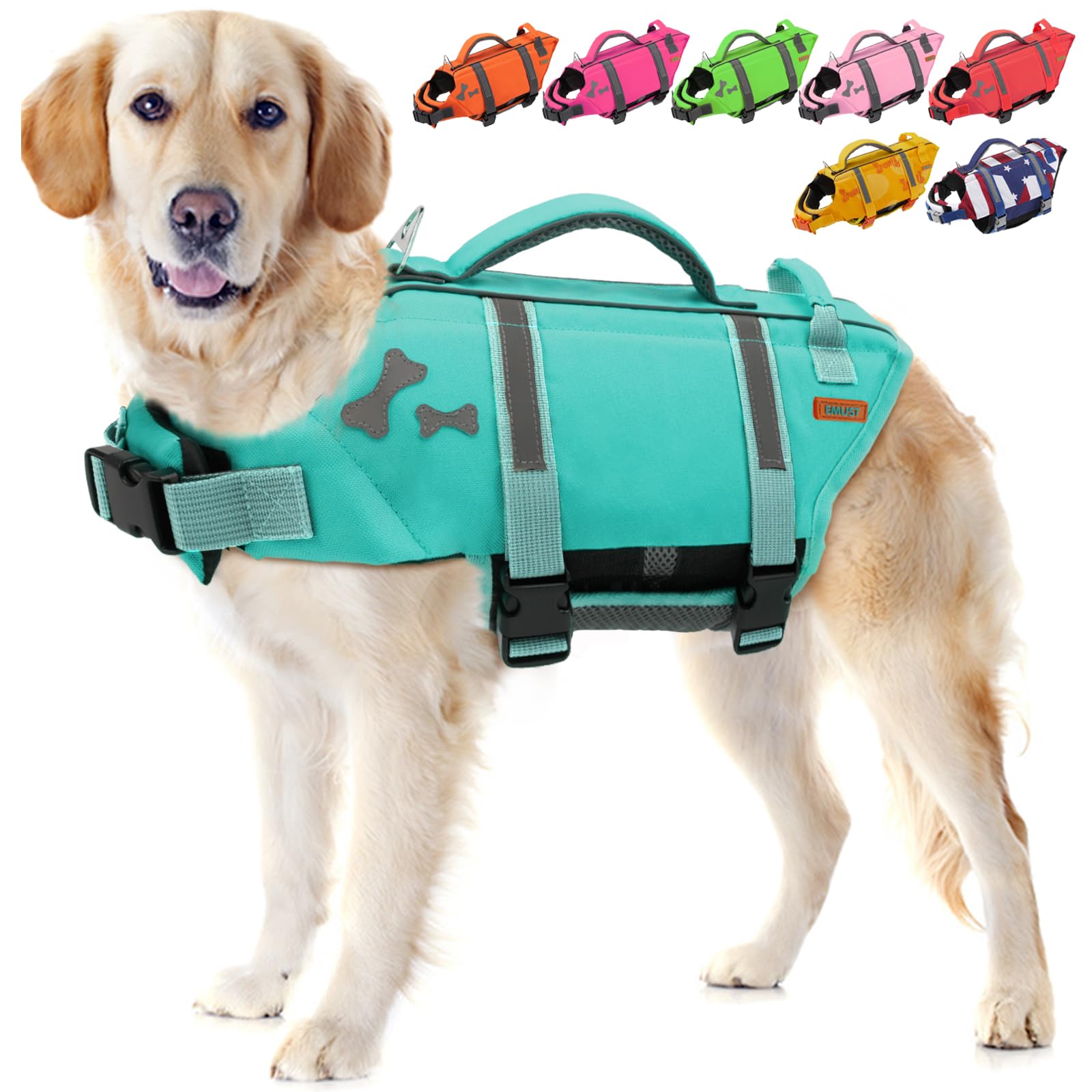 EMUST Dog Life Jacket, Lightweight Dog Life Vests with Rescue Handle for Small Medium and Large Dogs, Pet Safety Swimsuit Preserver for Swimming Pool