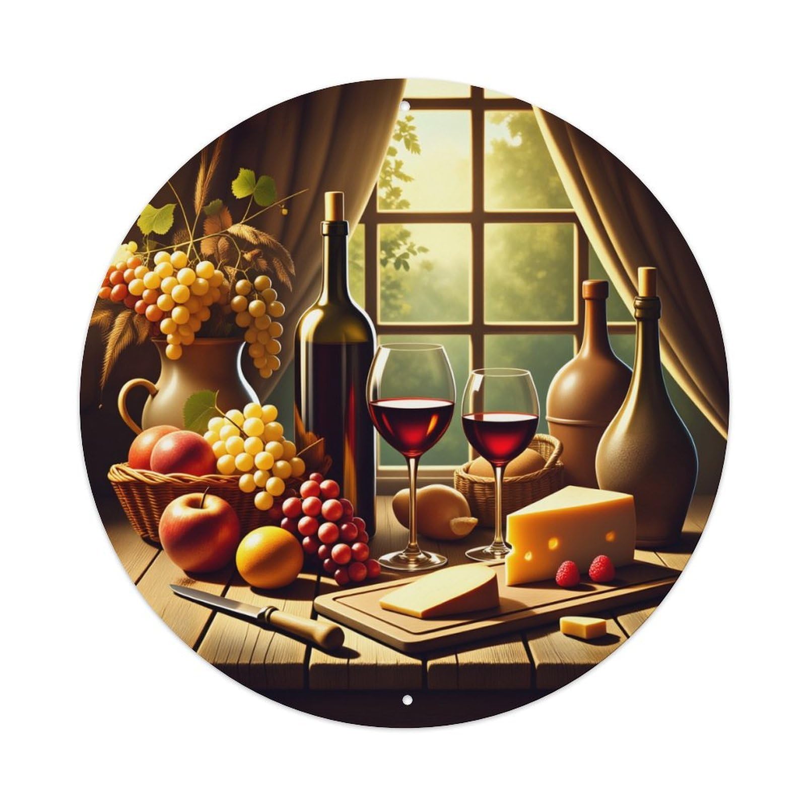 Wine Cheese Fruit Grapes Window Tin Sign Vintage Style Home Bar Garden Wall Plaque Decor Metal Poster 8x12 Inch
