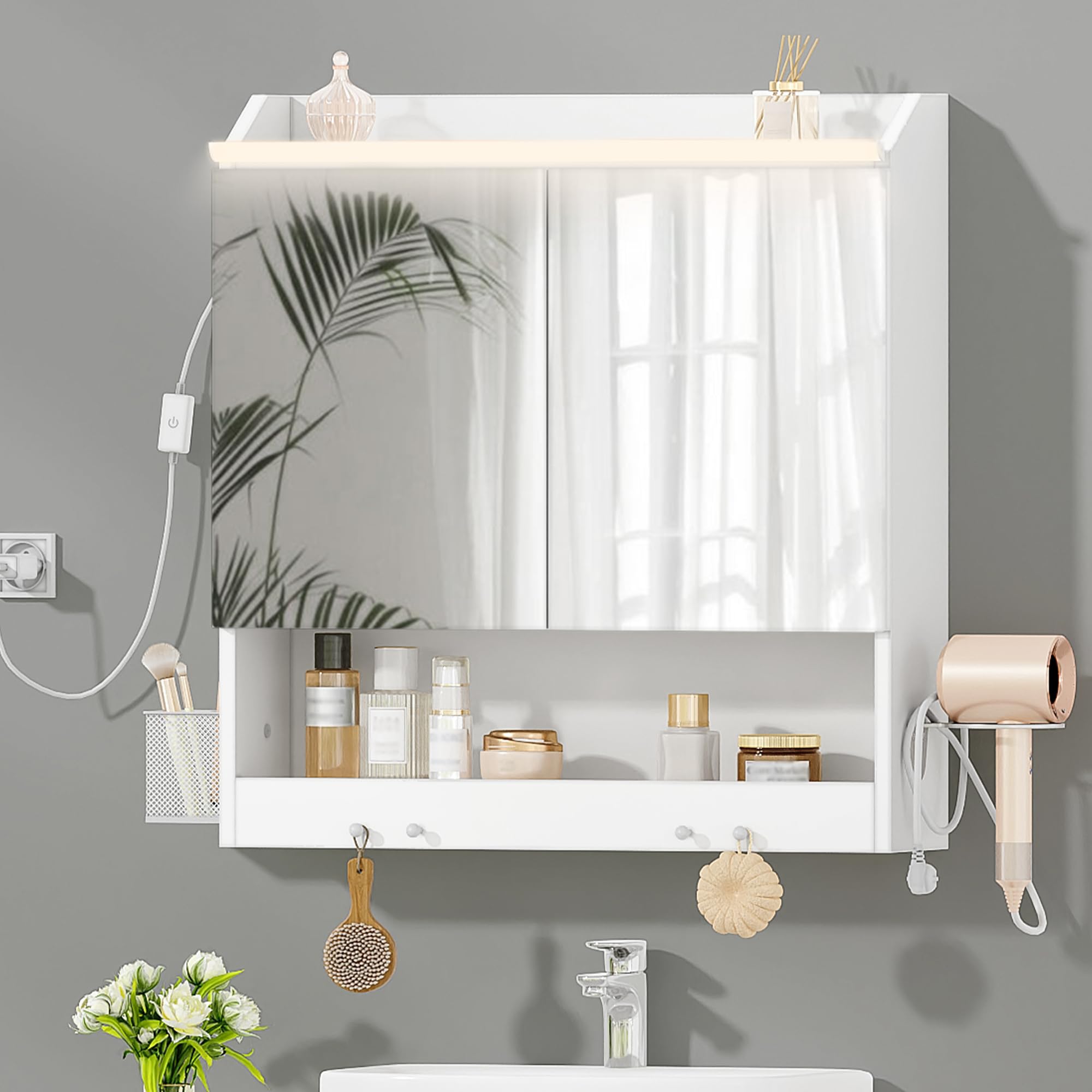 HEXCELEN 60 cm Spiegelschrank Bad, Badezimmerschrank mit Spiegel, Haken