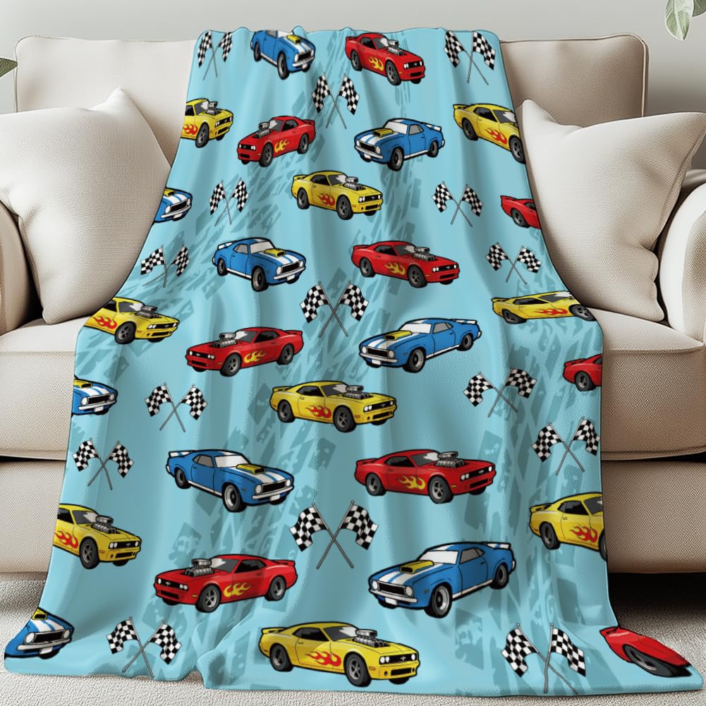 GLOBLELAND Sports Car Throw 59x51 inch Racing Flag Flannel Blanket Blue Washable Fuzzy Throw Blanket for Couch Chair Sofa Bed Dorm Bedroom Home Gift Wedding Valentine's Day Anniversary