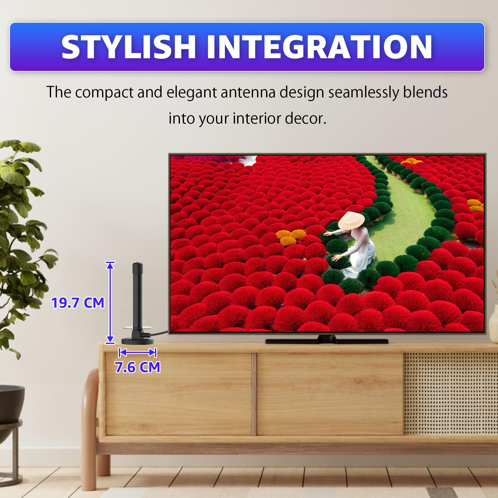 Indoor TV Aerial with Magnetic Base and Signal Amplifier Digital TV Aerial Indoor for Smart TV Compatible with All Televisions Supports 4K 1080P Compact 7.6 x 19.7cm Design 5m Coaxial Cable — view 4