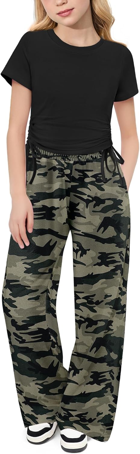 Arshiner Girls 2 Piece Outfits Short Sleeve Ruched Drawstring Crewneck Tops and Wide Leg Pants with Pockets Clothing Sets