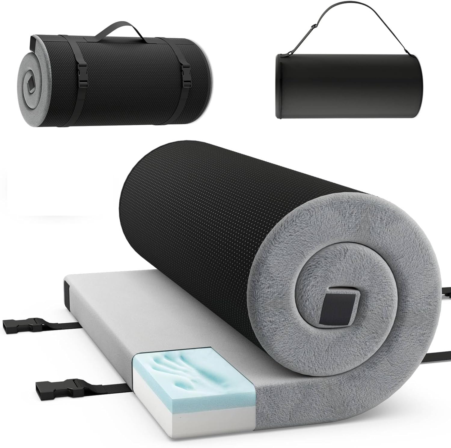 TANGZON Roll Up Camping Mattress, Portable Memory Foam Travel Mattress with High density foam Cushion & Anti-slip Bottom Carrying Bag, Foldable Car Guest Sleeping Pad