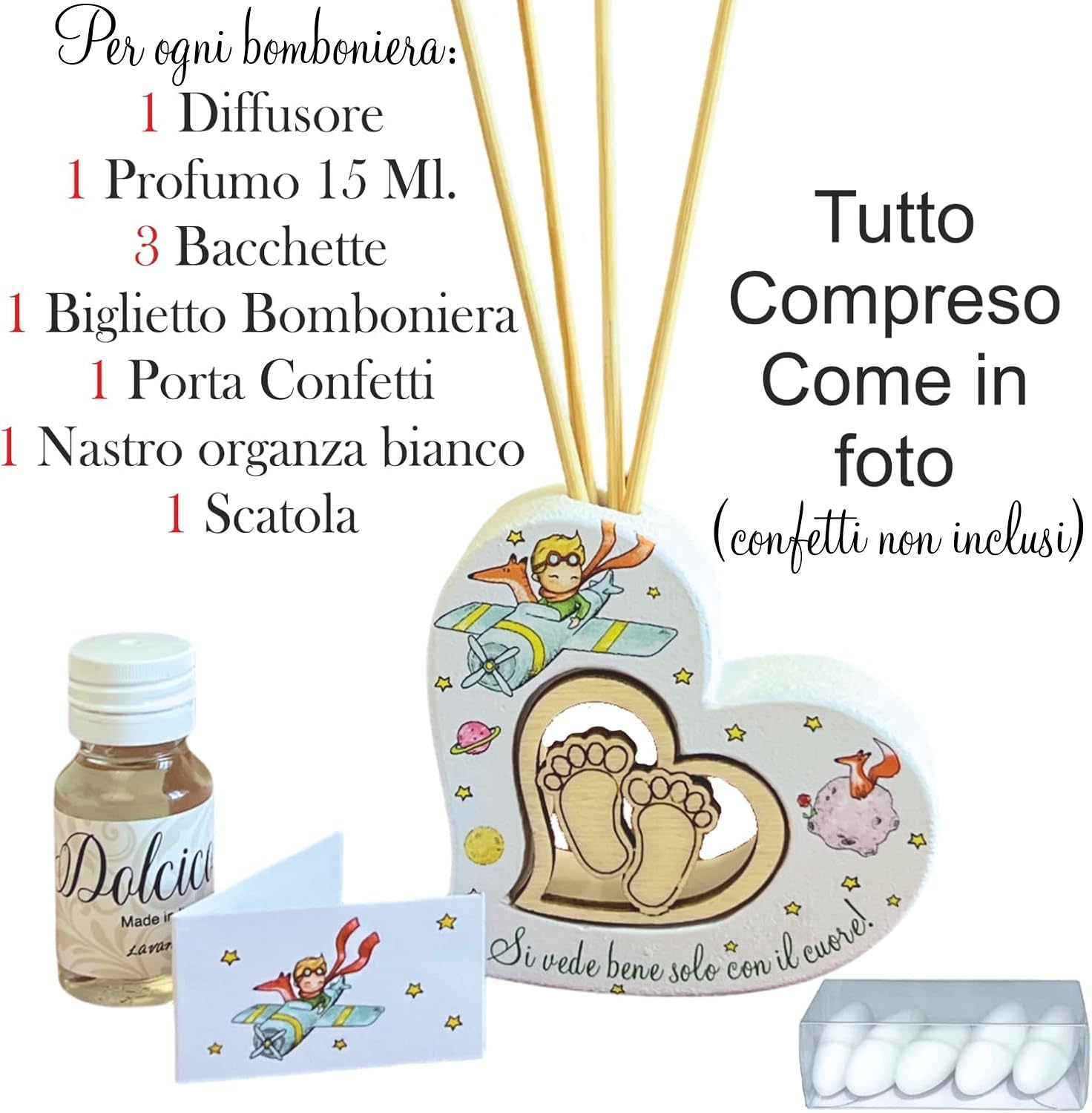 Rebalami.Shop Set 4 Bomboniere diffusore Piccolo Principe cm 8x8 a Forma di Cuore in Marmoresina Completo di Scatola, Essenza, Nastro e bigliettino a Tema (4, Cuore)