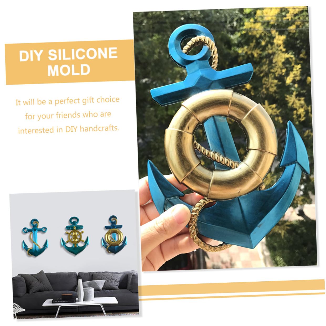 Hemobllo 4 Pezzi Stampo in Silicone a Forma di Ancora, Riutilizzabile, Flessibile, per Decorazione Murale e Targhetta Porta, per Fai da Te