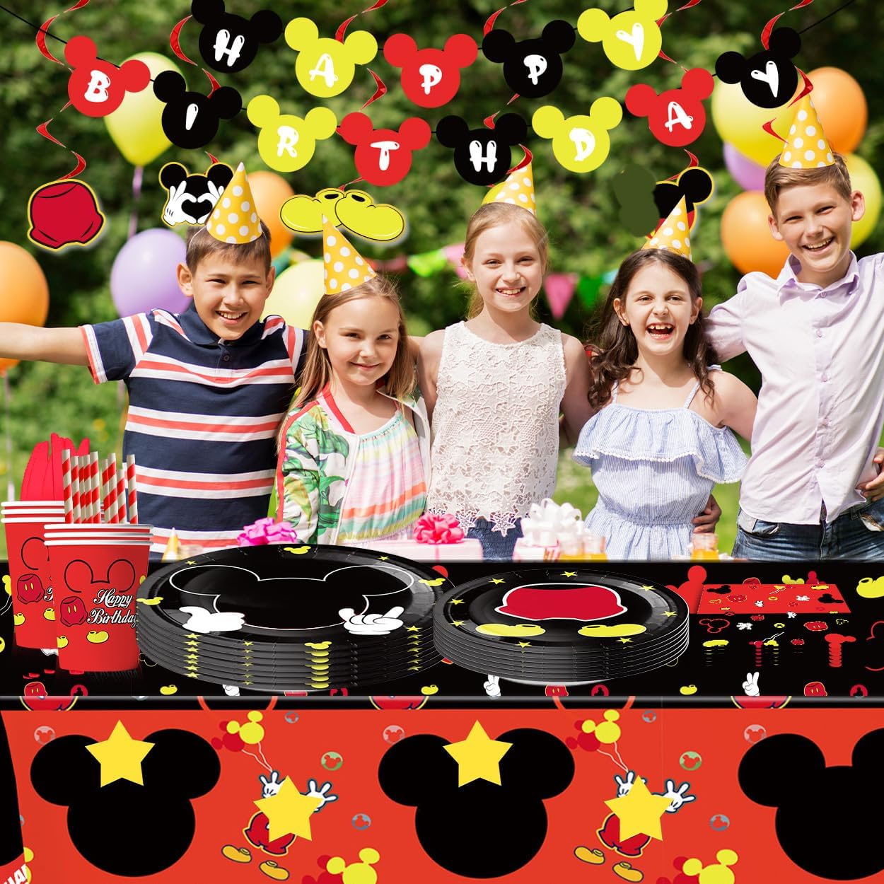 91Pcs Mouse Party Supplies Tableware Set Cartoon Theme Birthday Decorations | Red mouse Birthday Party Paper Plates Napkins Tablecloth Straws Cups Knives Spoon Forks Disposable