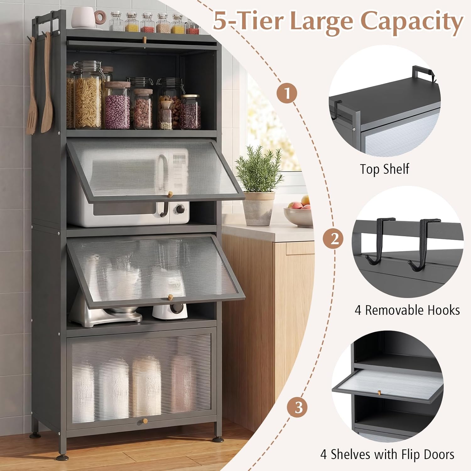 Giantex 5-Tier Kitchen Storage Cabinet, Mobile Microwave Stand with Flip-up PC Doors, Freestanding Kitchen Bakers Rack with 4 Rolling Casters, for Dining Room, Living Room and Study, Grey