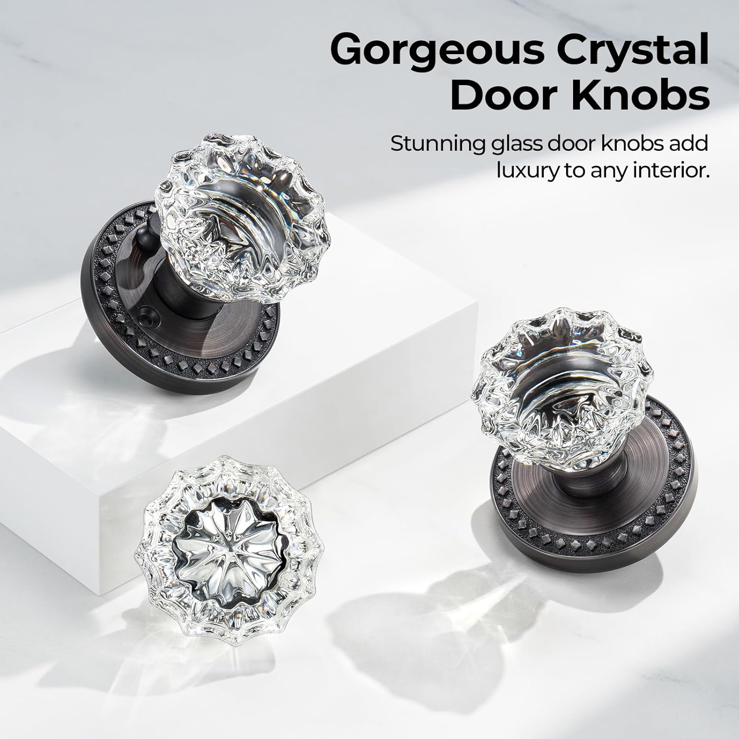 Glass Door Knobs with Lock, Oil Rubbed Bronze Crystal Door Knobs Interior for Privacy Use, Rosette Vintage Antique Crystal Doorknob Set for Bathroom & Bedroom, 5 Pack