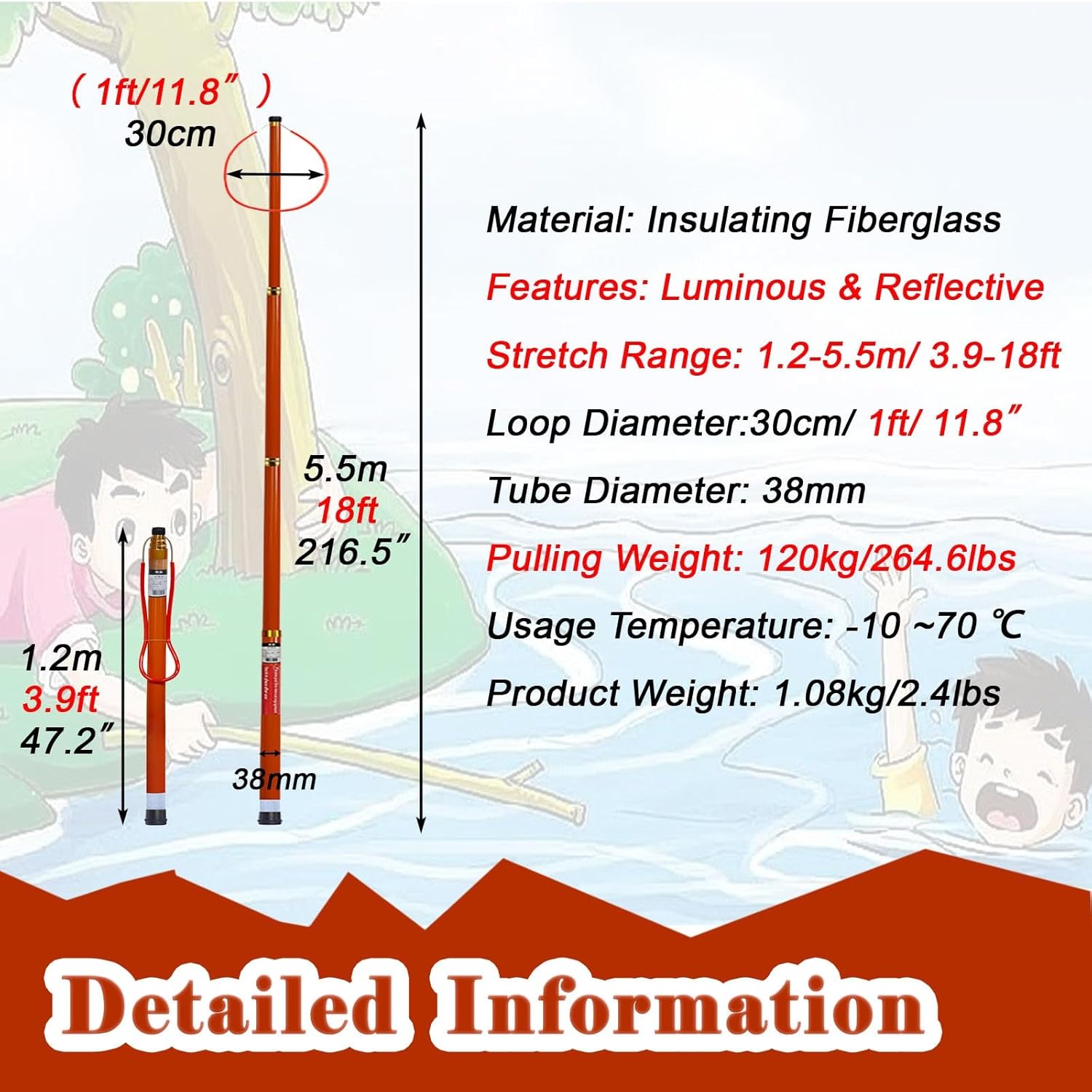 Retractable Swimming Pool Rescue Pole - Luminous Safety Hook, Reflective Marine Salvage Rods, 216.5in (18ft) Extendable for Emergency Water Rescue & Safety