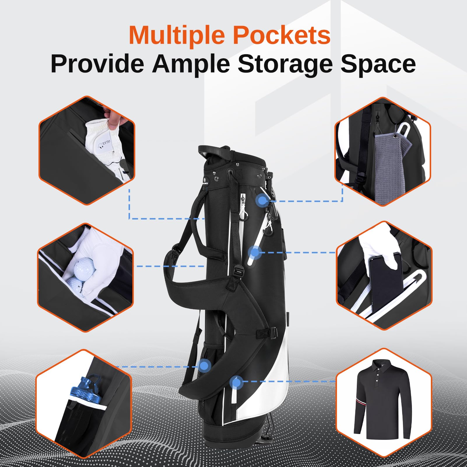 Sac de Golf Léger sur Support - 4 Séparateurs Pleine Longueur, 10 Clubs Max, 1.7 kg, Double Bretelles, Support Auto - Practice, par 3 et Terrains Standard
