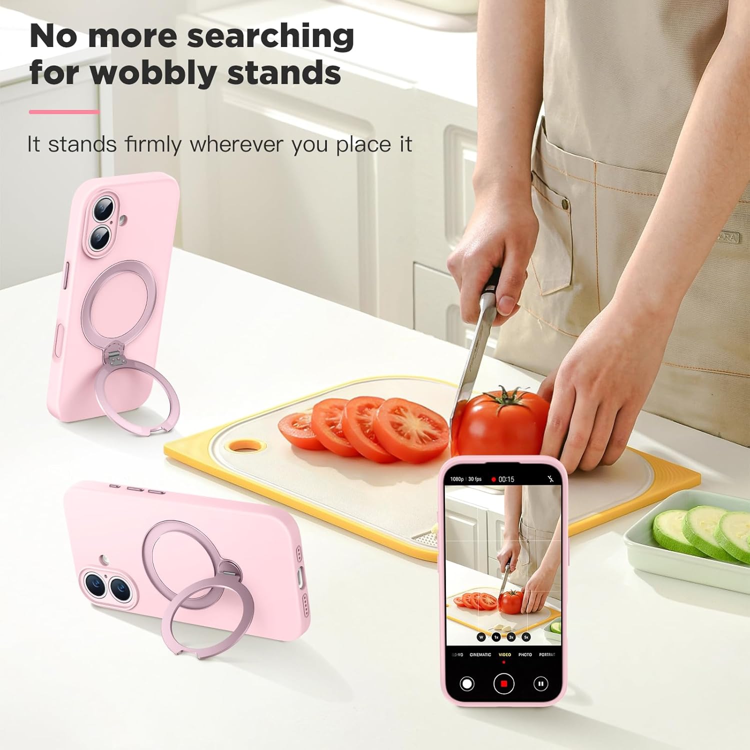 HuwaiH Case for iPhone 16, [360° Rotating Magnetic Ring Stand] with Strong Holder, Military-Grade Shockproof Silicone Phone Case, Full Protection Hands-Free Video Calls Car Mount, Pink