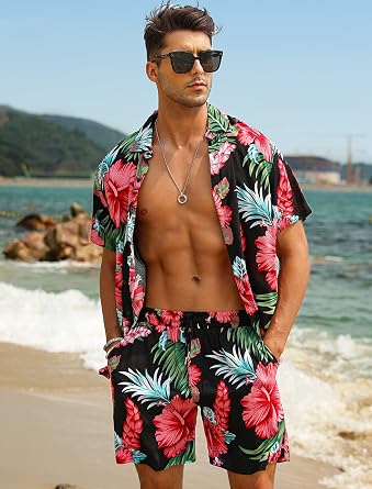 EISHOPEER Men's Flower Button Down Hawaiian Sets Casual Short Sleeve Shirt and Shorts Outfits