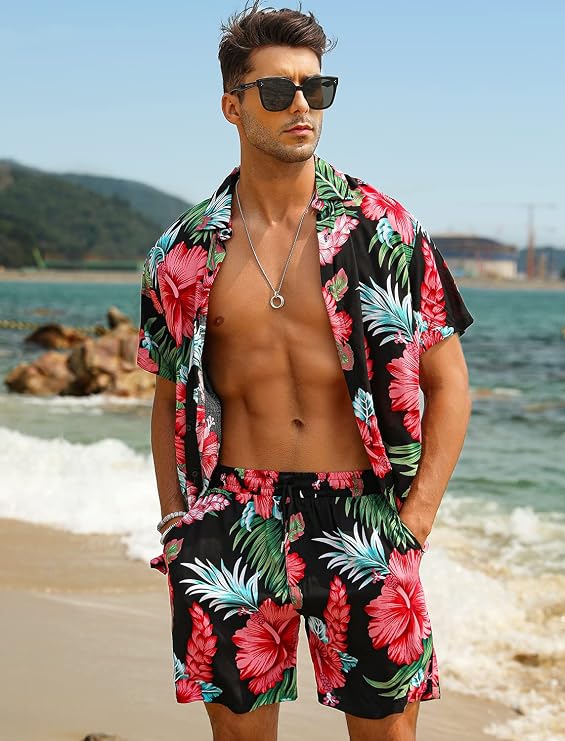 EISHOPEER Men's Flower Button Down Hawaiian Sets Casual Short Sleeve Shirt and Shorts Outfits