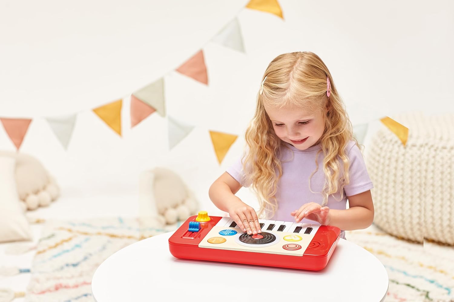 Hape Kids Portable DJ Mix and Spin Studio Music Toy Playset with Lights, Sound, and 18 Key Keyboard for Kids Ages 1 to 5 Years , Red