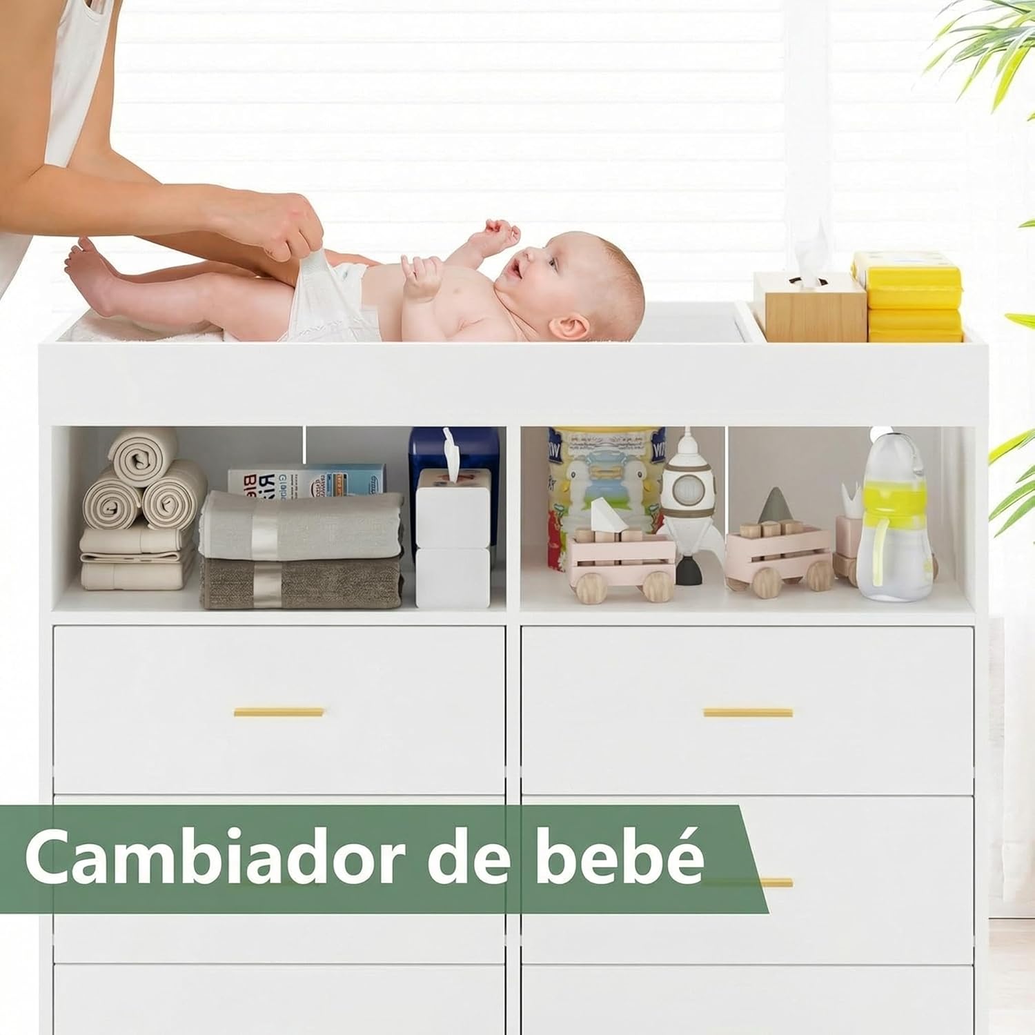 Garvee Baby Changing Table Dresser with 6 Drawers & LED Lights, Nursery Dresser with Power Outlet, 2 Open Shelves, Modern Diaper Changing Station and Storage for Bedroom