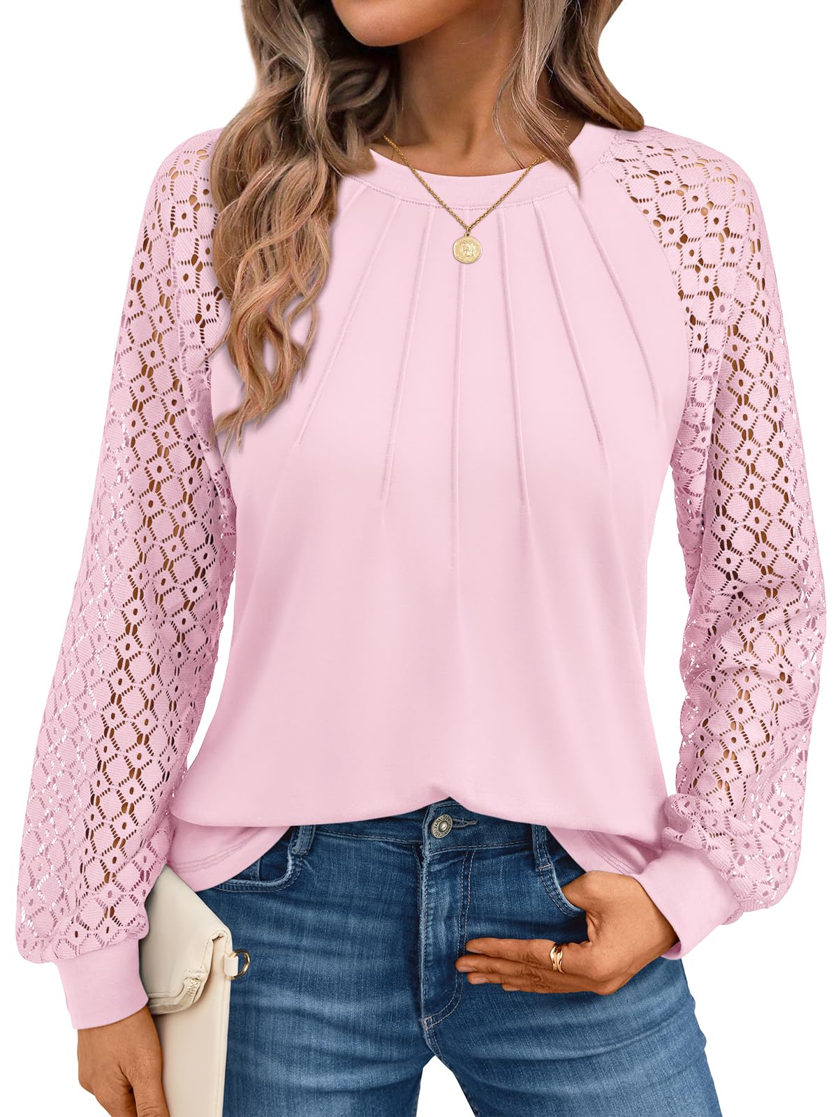 AUTOMET Womens Long Sleeve Shirts Pleated Lace Tops Fall Fashion Outfits Business Casual Blouses