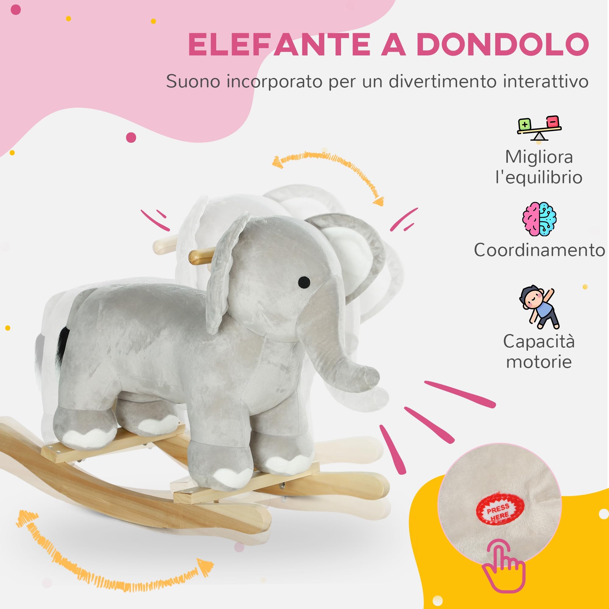 AIYAPLAY Cavallo a Dondolo per Bambini a Forma di Elefante, Cavalluccio a Dondolo Cavalcabile in Legno e Peluche con Base e Suoni Realistici, 2-4 Anni, 64.5x31x52 cm, Grigio