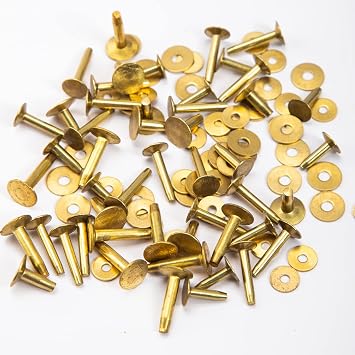 WUTA Copper Rivets Burrs 100 Pcs Leather Copper Rivet Fastener Solid Brass Rivets Studs Permanent Tack Fasteners for Leather Craft, Belts, Halters, Bridles Brass, 9 x19mm